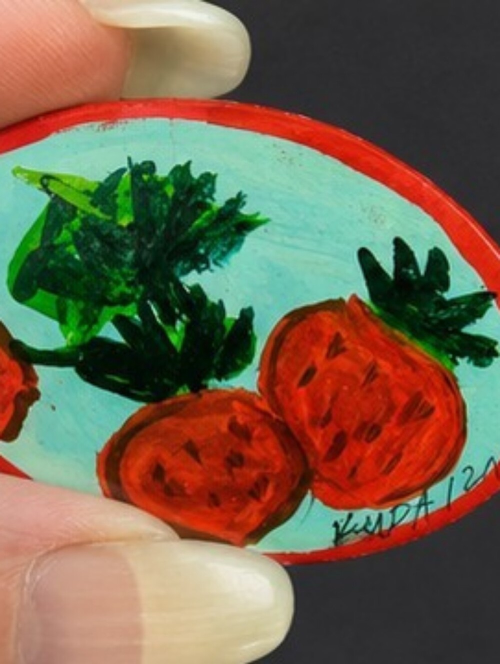 Signed KUDA '12 Hand Painted Strawberry Wooden Brooch Folk Art Pin OOAK